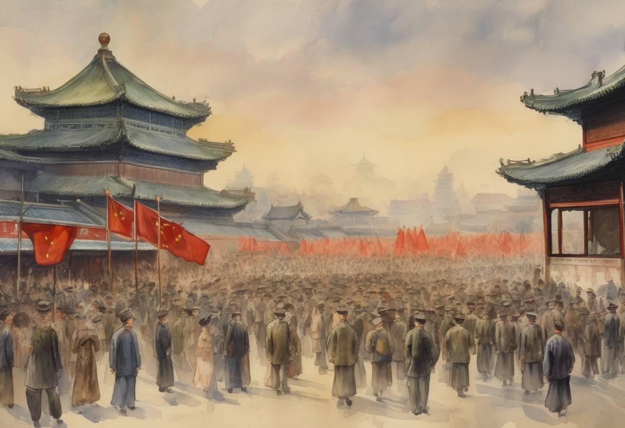 Watercolor painting based depiction of The May Fourth Movement began in China as a response to the Treaty of Versailles, sparking a national protest against foreign influence and promoting modernization. (1919)