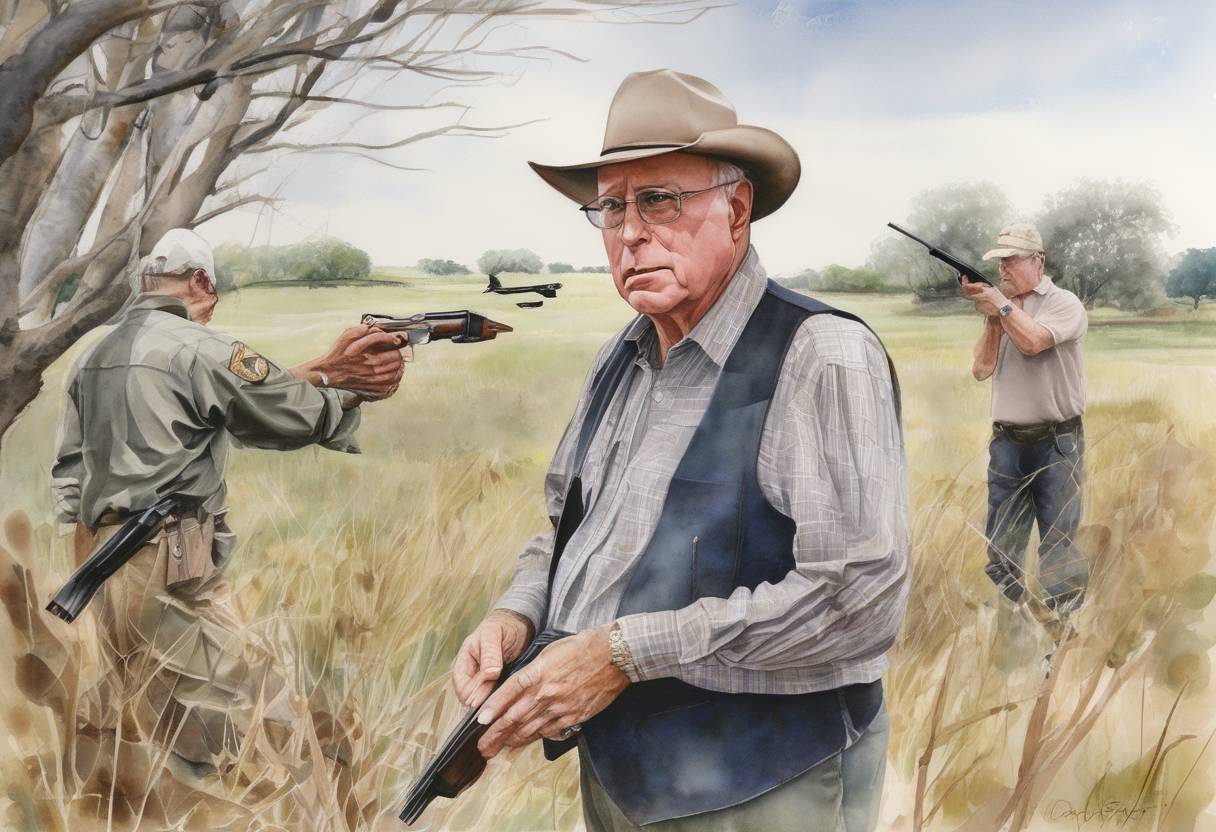 Watercolor painting based depiction of U.S. Vice President Dick Cheney accidentally shot Harry Whittington, a 78-year-old Texas attorney, while participating in a quail hunt at a ranch in Texas. (2006)