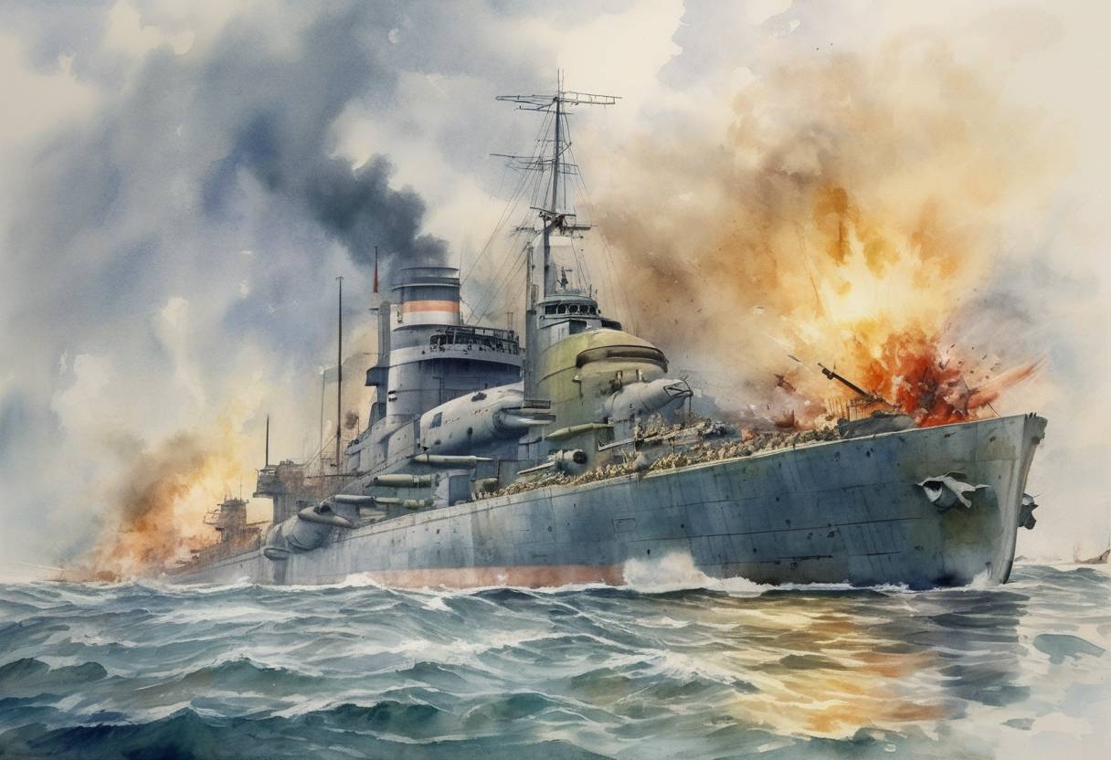 Watercolor painting based depiction of World War II: The HMT Rohna is sunk by a German Henschel Hs 293 guided bomb, killing 1,138 men. (1943)