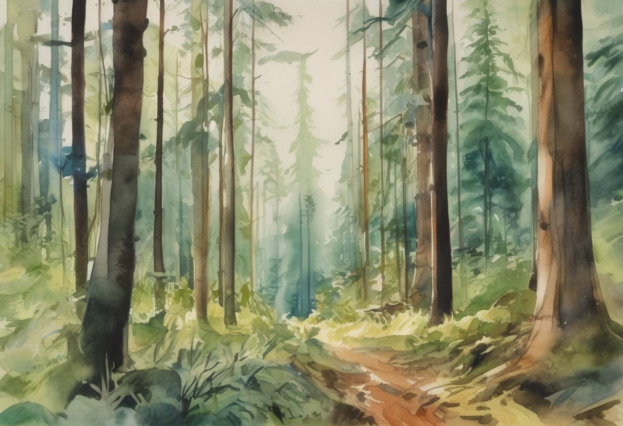 Watercolor painting based depiction of Ministerial Conference on the Protection of Forests in Europe was held in Helsinki, focusing on sustainable forest management. (1977)