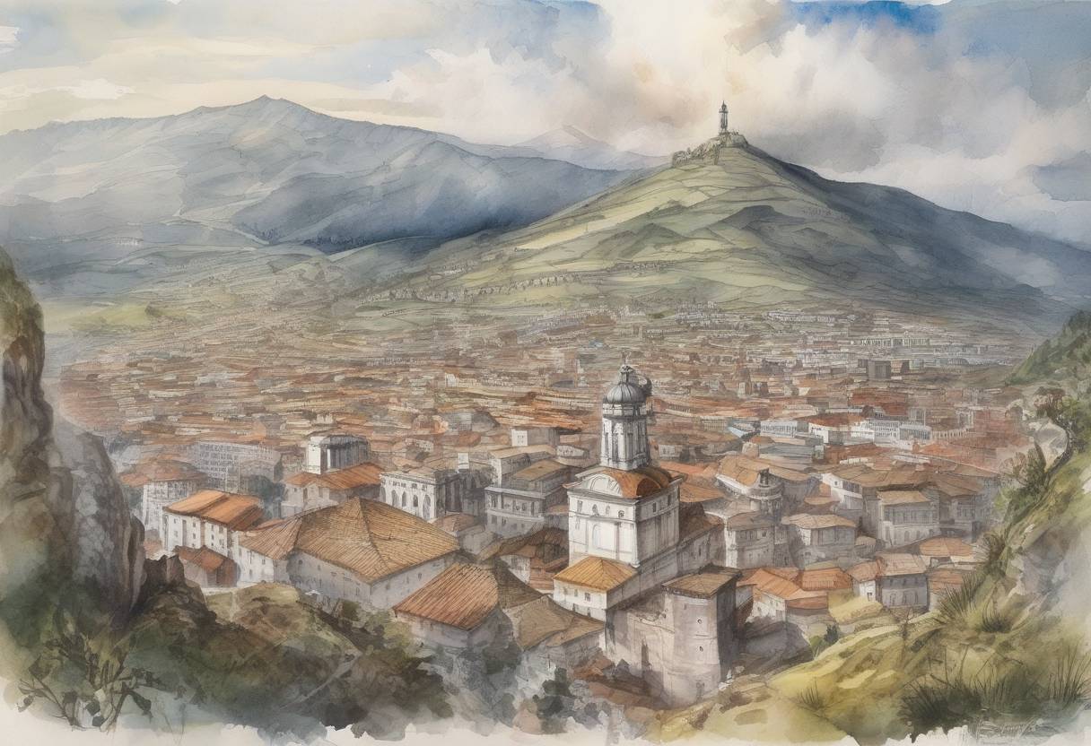 Watercolor painting based depiction of The city of Quito, Ecuador, was founded by Spanish settlers led by Sebastián de Belalcázar. (1534)