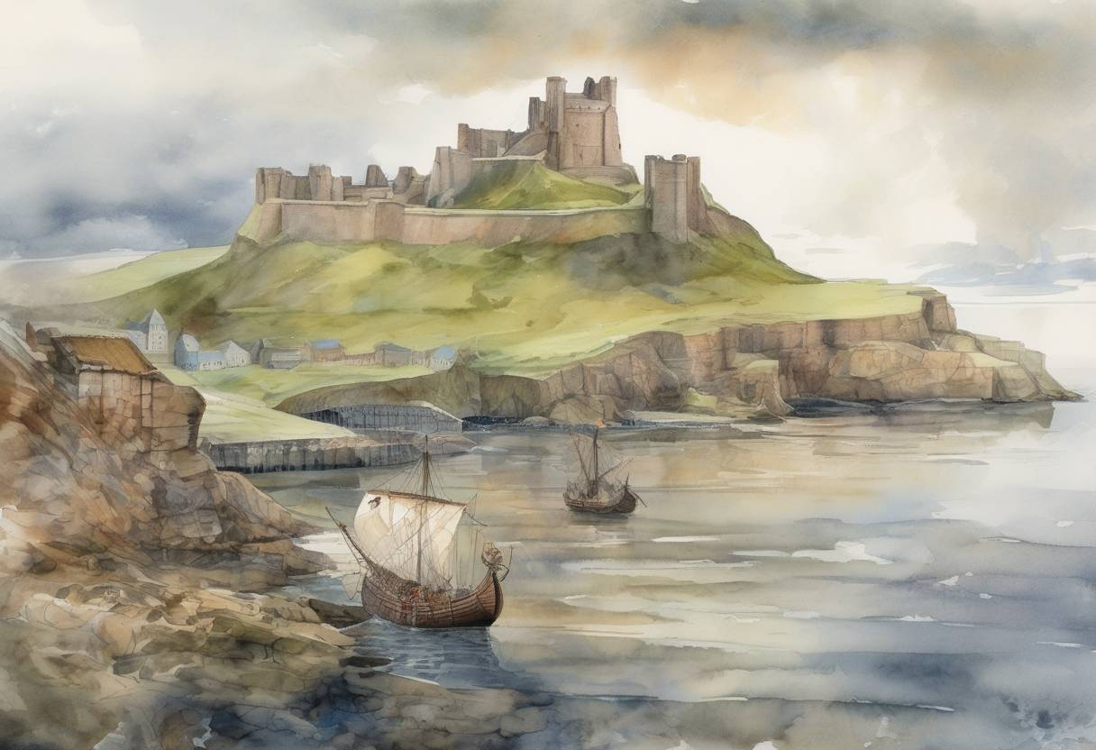 Watercolor painting based depiction of The Viking raid on the Lindisfarne Monastery marks the beginning of the Viking Age in Europe. (793)