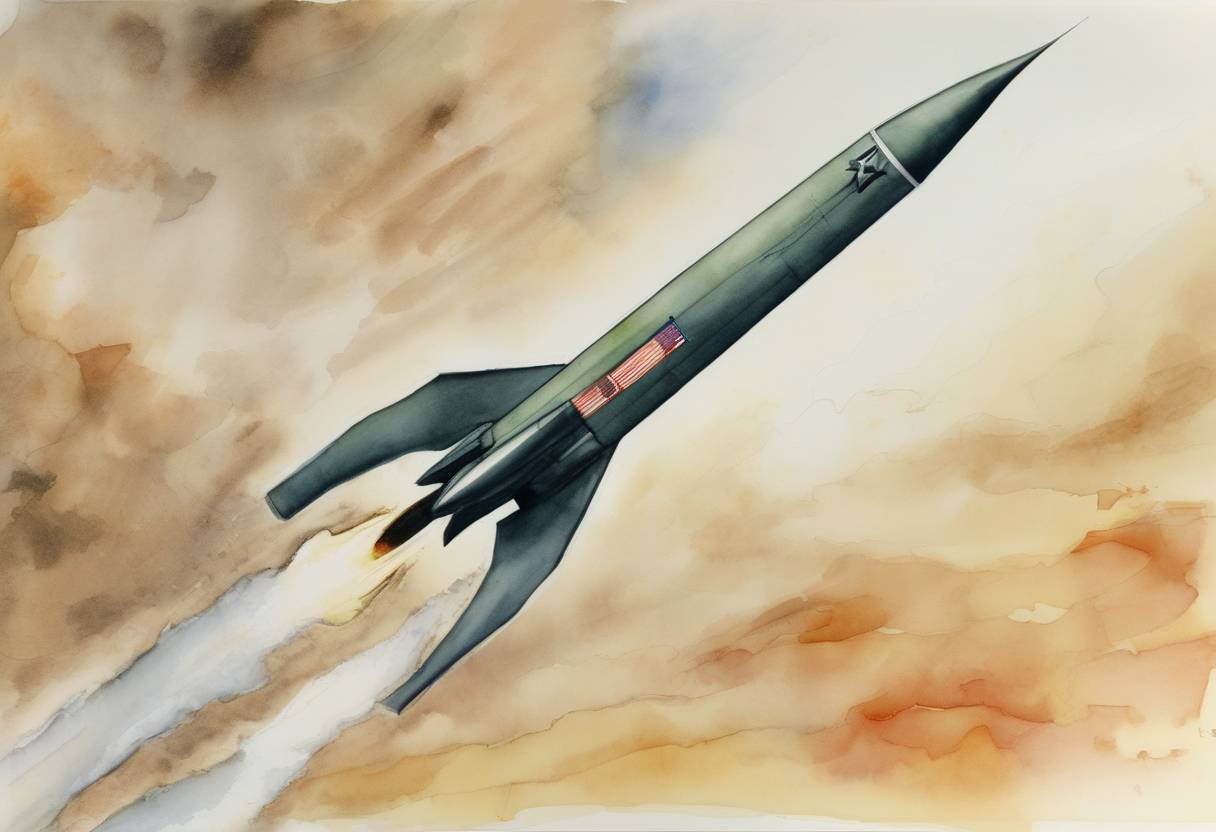 Watercolor painting based depiction of The United States officially withdrew from the Anti-Ballistic Missile Treaty, a 1972 agreement between the U.S. and the Soviet Union that limited the use of missile defense systems to prevent an arms race in strategic ballistic missiles. (2001)