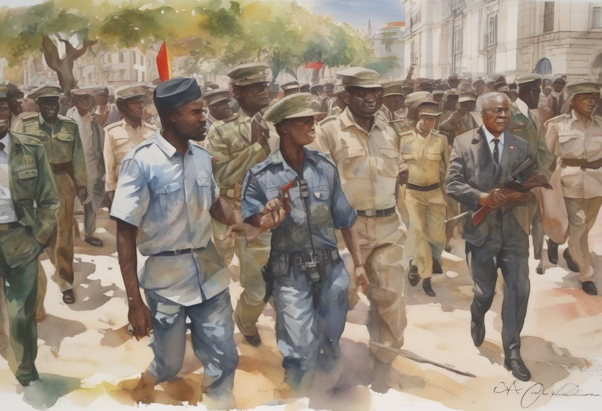 Watercolor painting based depiction of Angola's government and UNITA rebels signed a peace agreement in Lisbon, Portugal, in an attempt to end the long-standing civil war in Angola. (1991)