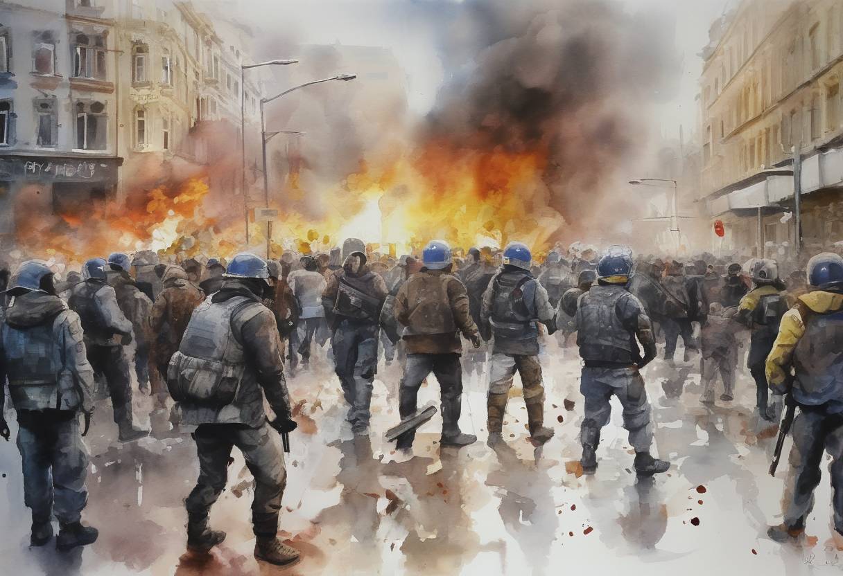 Watercolor painting based depiction of Violent clashes in Kiev, Ukraine, result in the deaths of at least 26 people as part of the Euromaidan protests. (2014)