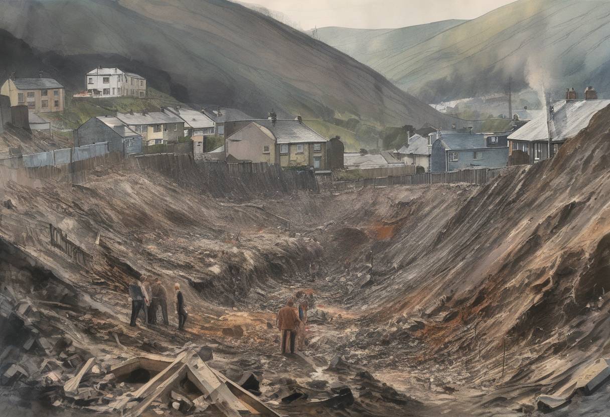 Watercolor painting based depiction of The Aberfan disaster occurs as a colliery spoil tip collapses in the Welsh village of Aberfan, killing 144 people, including 116 children. (1966)