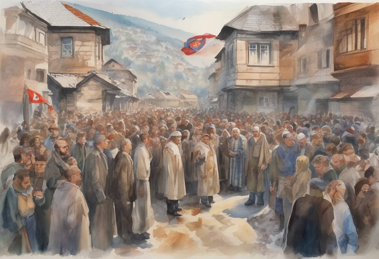 Watercolor painting based depiction of The Assembly of the Serb People in Bosnia and Herzegovina proclaimed the creation of the Republic of the Serbian People of Bosnia and Herzegovina. (1992)