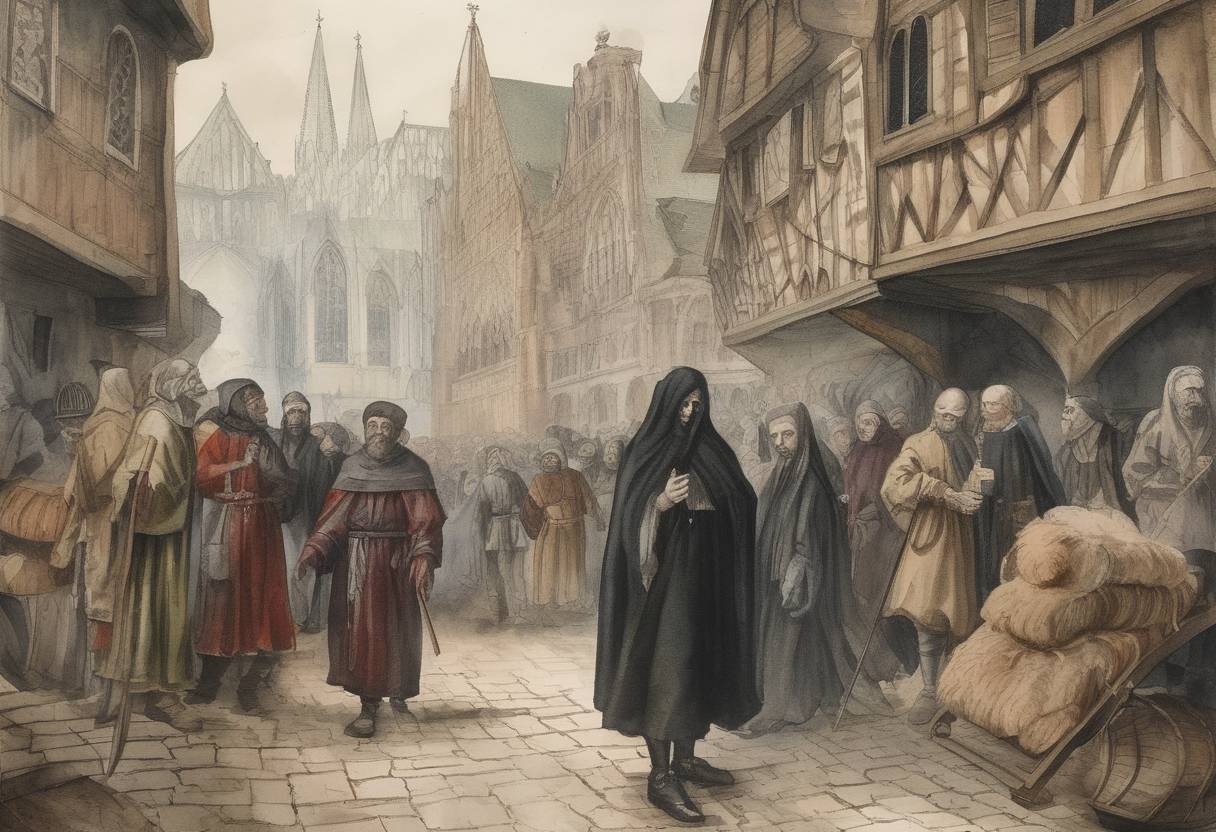 Watercolor painting based depiction of In Cologne, Germany, Jews are blamed for the Black Death and massacred in the Cologne Pogrom. (1349)