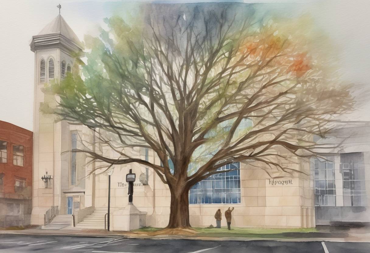 Watercolor painting based depiction of A mass shooting occurs at the Tree of Life synagogue in Pittsburgh, resulting in 11 deaths and six injuries, marking it as one of the deadliest attacks on the Jewish community in the United States. (2018)