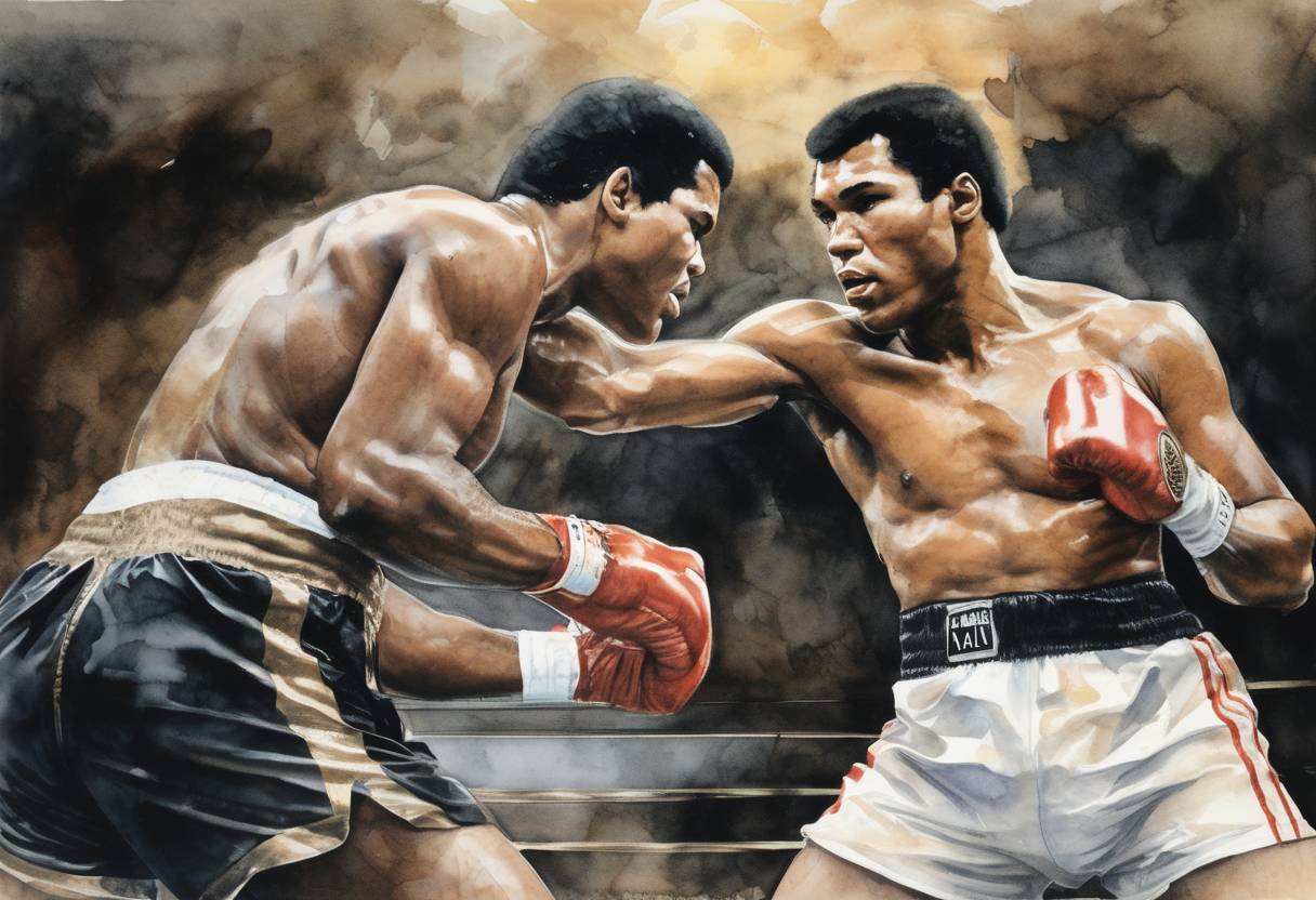 Watercolor painting based depiction of Muhammad Ali won the world heavyweight boxing title for the third time by defeating Leon Spinks in New Orleans. (1978)