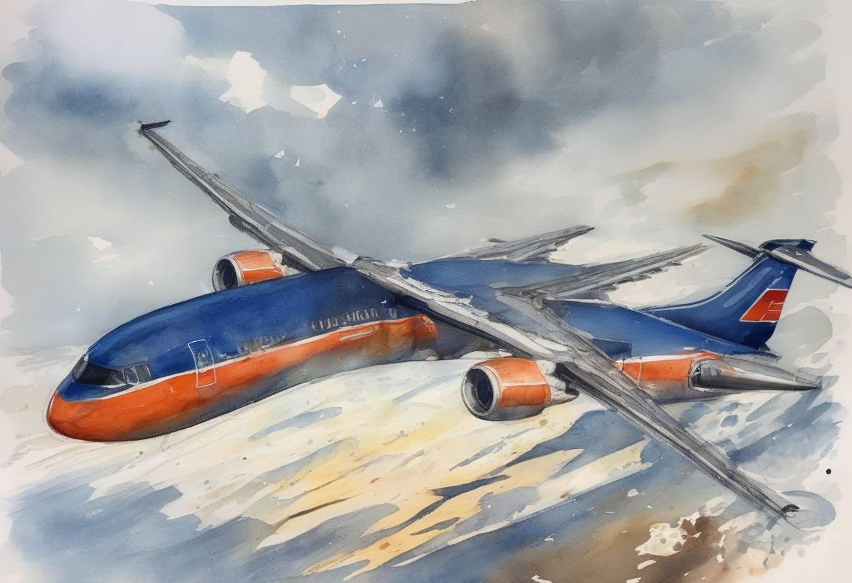 Watercolor painting based depiction of Aeroflot Flight 593 crashed in Siberia after the pilot's children accidentally disengaged the autopilot, killing all 75 people on board. (1994)