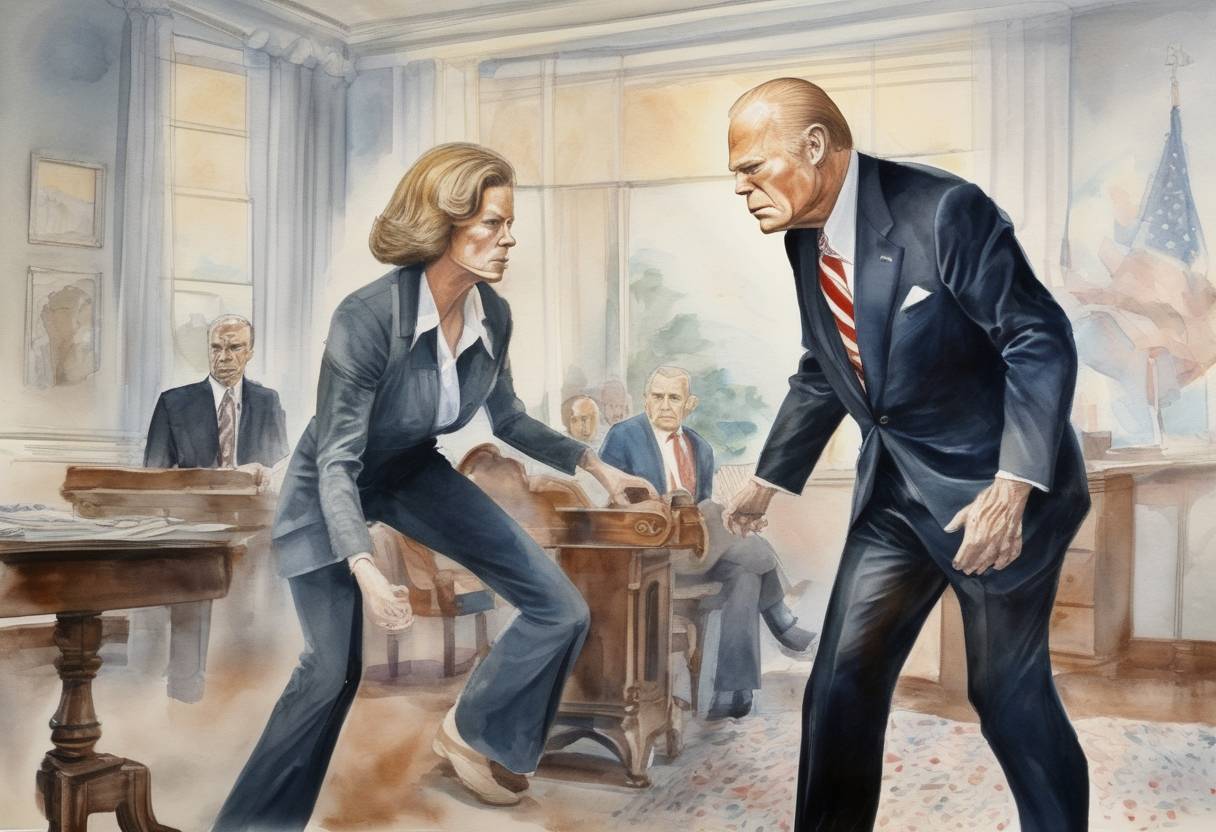 Watercolor painting based depiction of Sara Jane Moore attempts to assassinate U.S. President Gerald Ford in San Francisco, California. (1975)