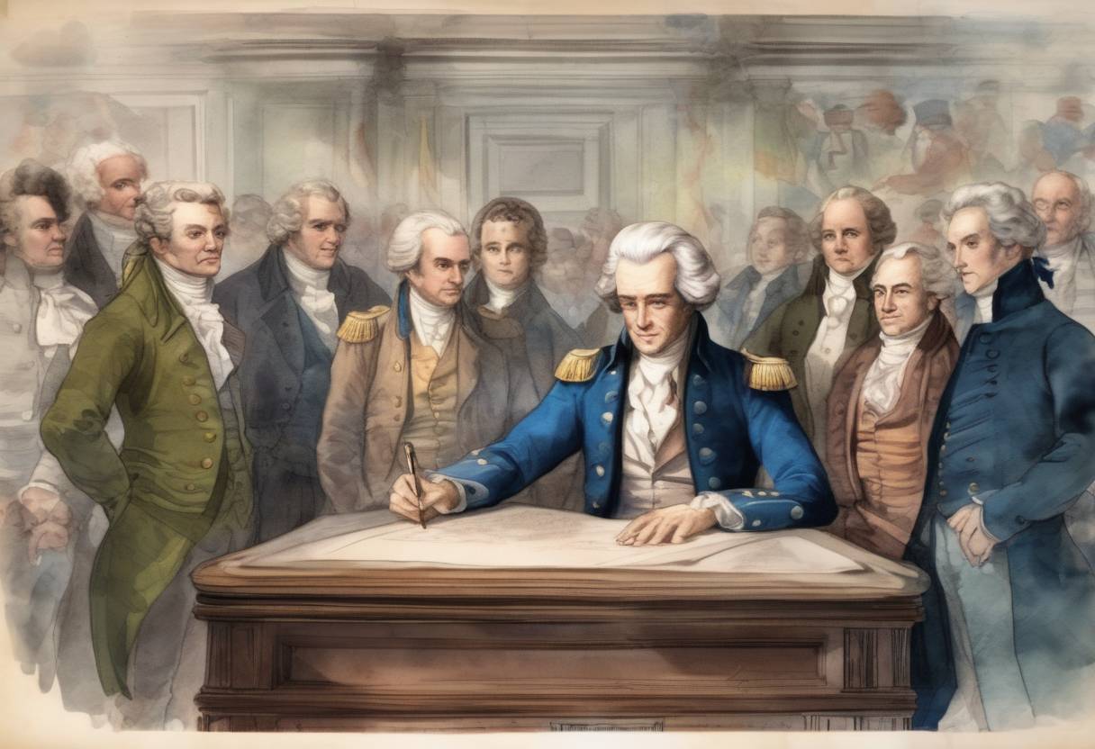 Watercolor painting based depiction of Massachusetts Governor Elbridge Gerry signs a redistricting bill that leads to the term 'gerrymandering.' (1812)
