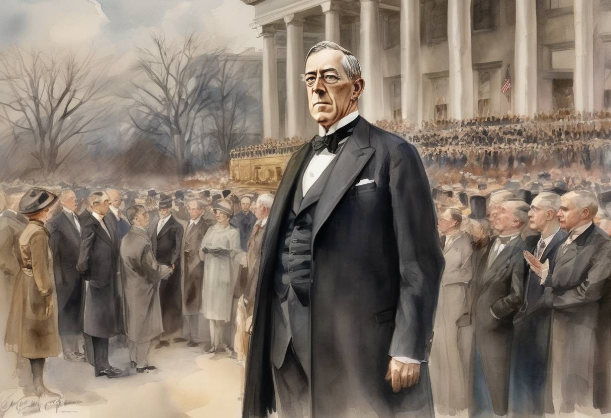 Watercolor painting based depiction of Woodrow Wilson was inaugurated as the 28th President of the United States. (1913)