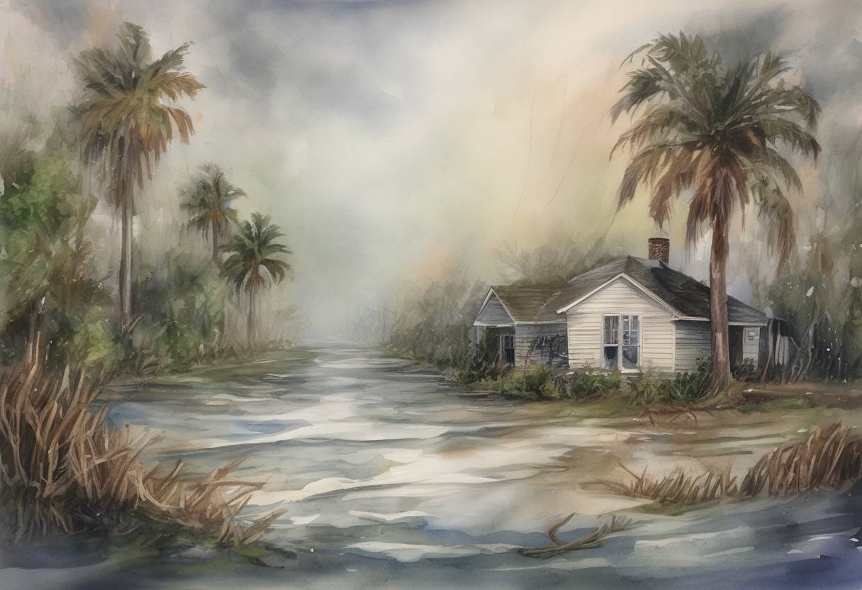 Watercolor painting based depiction of Hurricane Laura made landfall in Louisiana as a Category 4 hurricane, causing extensive damage and at least 77 fatalities across the United States and the Caribbean. It was one of the strongest hurricanes to hit Louisiana. (2020)