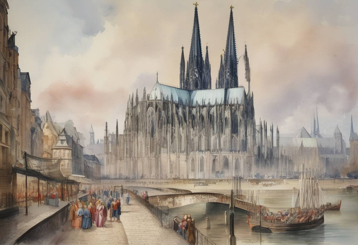 Watercolor painting based depiction of The foundation stone of Cologne Cathedral was laid, marking the beginning of its construction. (1248)