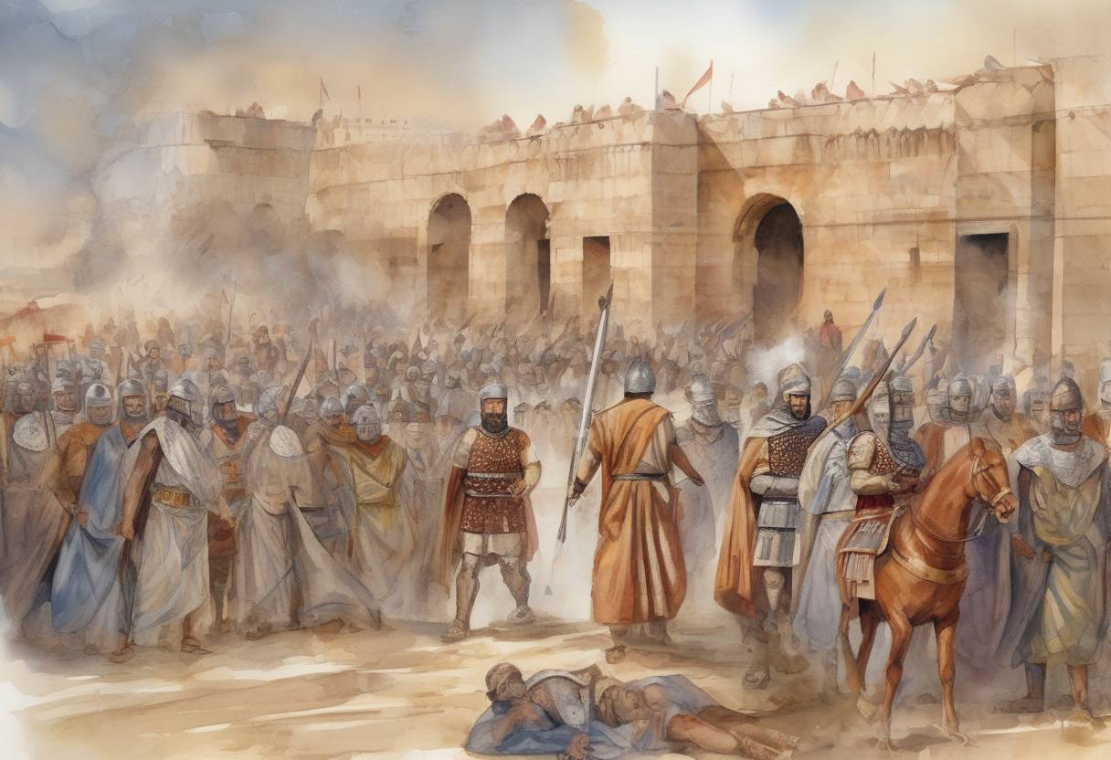 Watercolor painting based depiction of Roman Emperor Julian, known as Julian the Apostate, died from wounds received during the Battle of Samarra against the Sasanian Empire. His death marked the end of his campaign to restore paganism in the Roman Empire. (363)