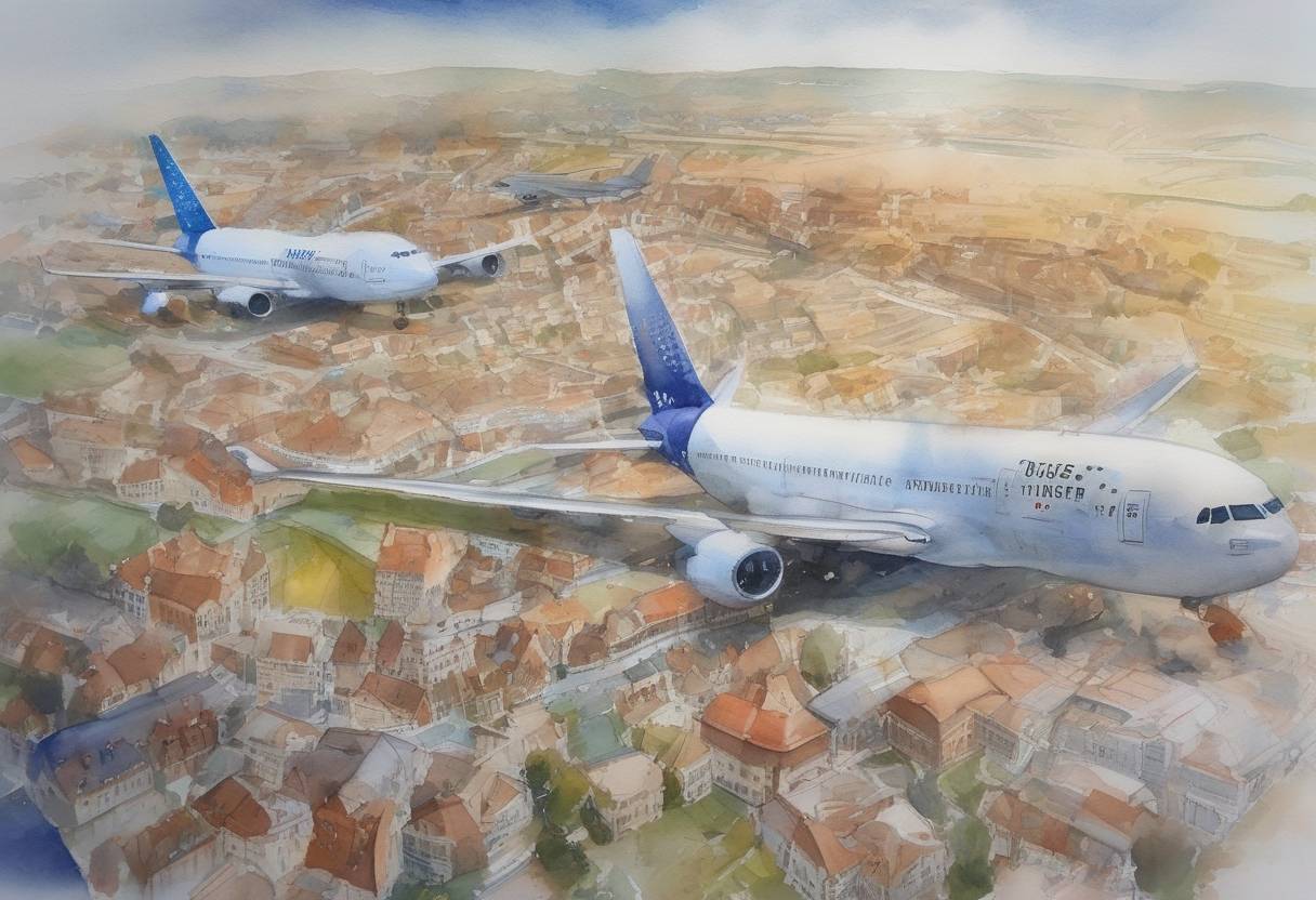 Watercolor painting based depiction of The European Union and the United States reached a truce in their 17-year dispute over aircraft subsidies, agreeing to suspend tariffs for five years. This marked a significant step in resolving one of the longest-running trade disputes. (2021)