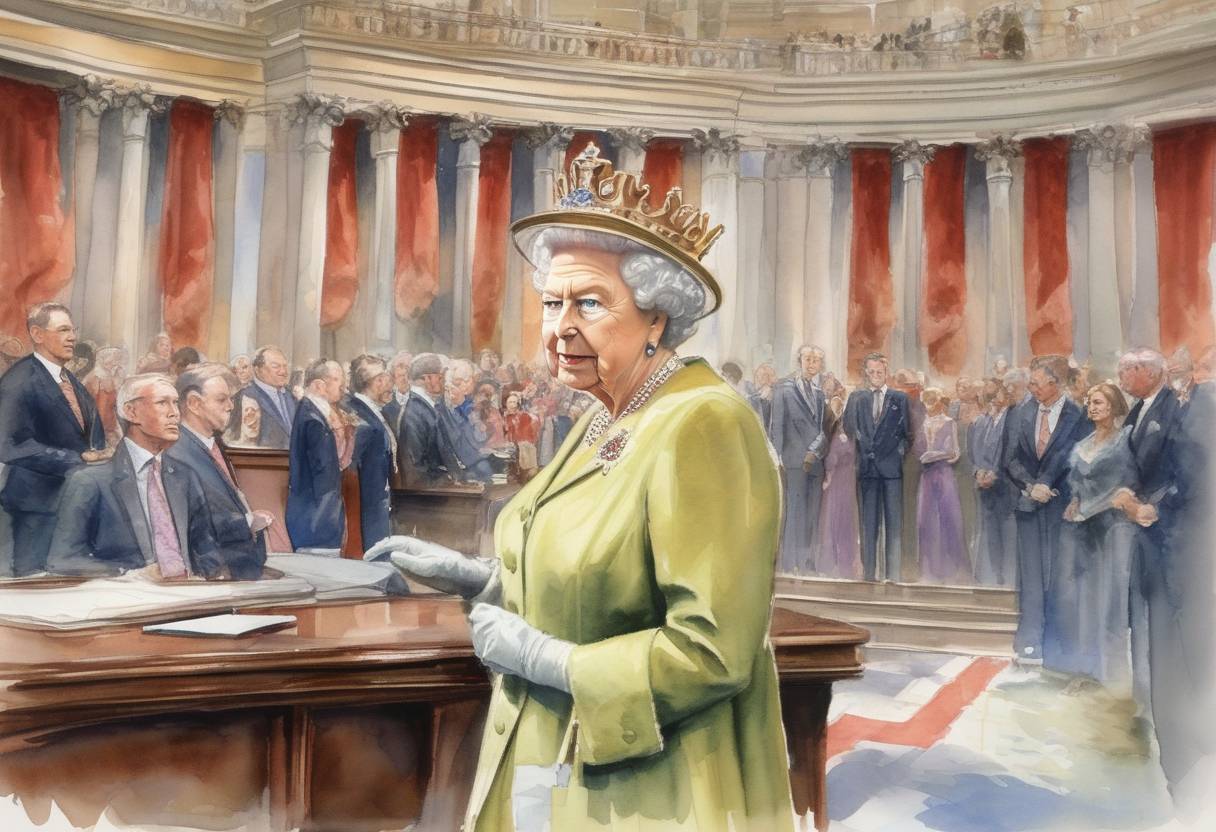 Watercolor painting based depiction of Queen Elizabeth II becomes the first British monarch to address the United States Congress. (1991)