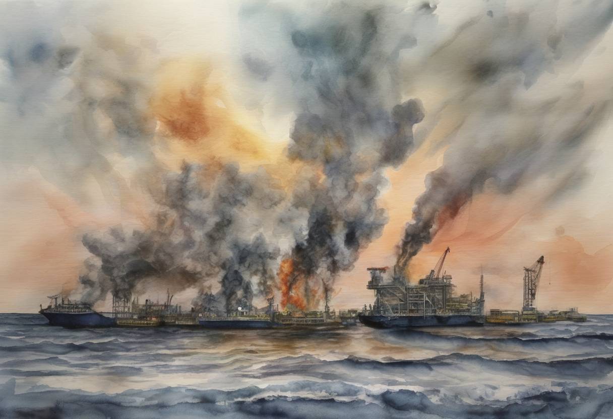 Watercolor painting based depiction of The Deepwater Horizon oil spill began in the Gulf of Mexico, leading to one of the largest environmental disasters in U.S. history. (2010)