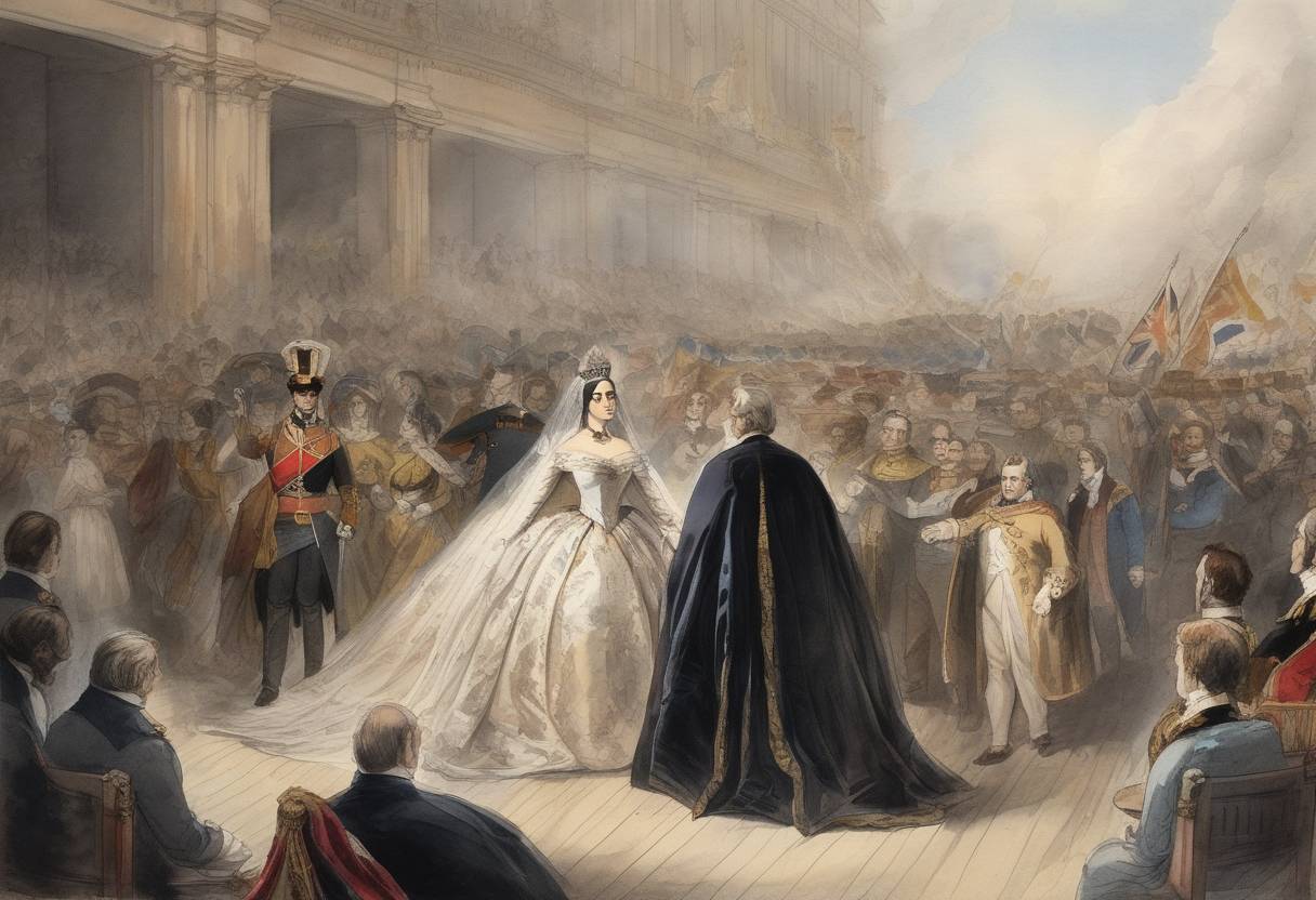 Watercolor painting based depiction of Queen Victoria ascends to the British throne following the death of her uncle, King William IV, beginning a reign that would last over 63 years. (1837)