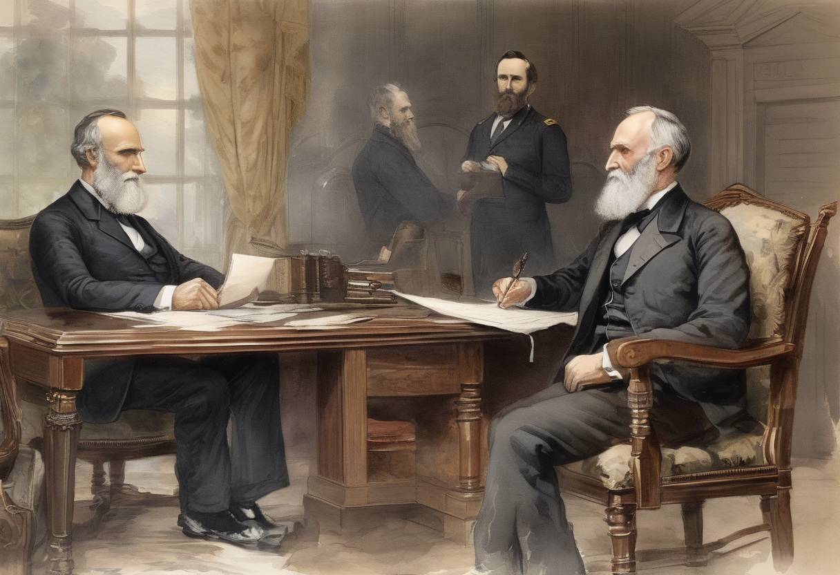 Watercolor painting based depiction of Rutherford B. Hayes was declared the winner of the 1876 United States presidential election by the U.S. Congress, following the Compromise of 1877. (1877)