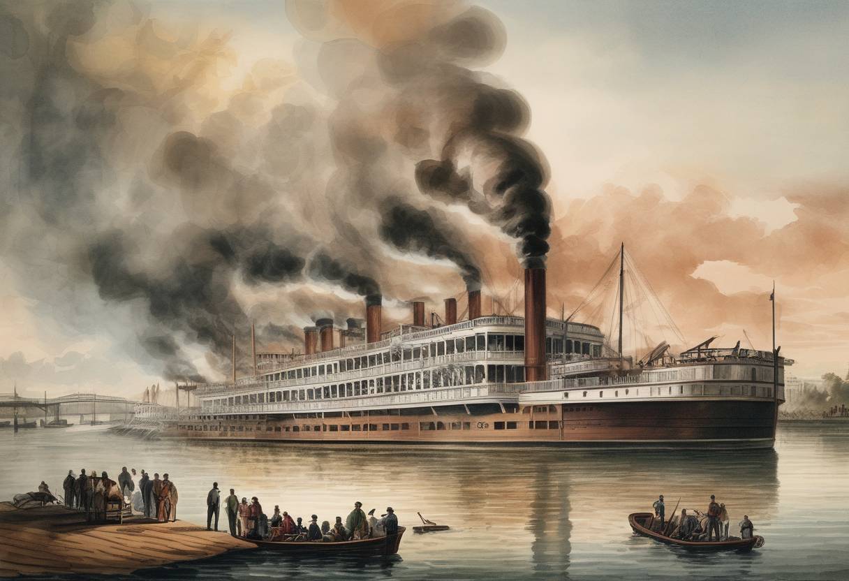 Watercolor painting based depiction of The steamboat Sultana exploded on the Mississippi River, killing an estimated 1,800 of its 2,400 passengers, many of whom were Union soldiers returning home after the Civil War. (1865)