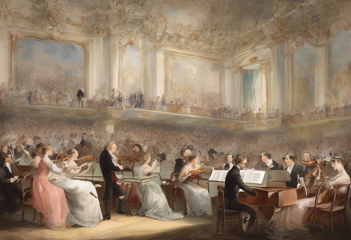 Watercolor painting based depiction of Felix Mendelssohn's Violin Concerto premiered in Leipzig, Germany, marking a significant contribution to the violin concerto repertoire. (1845)