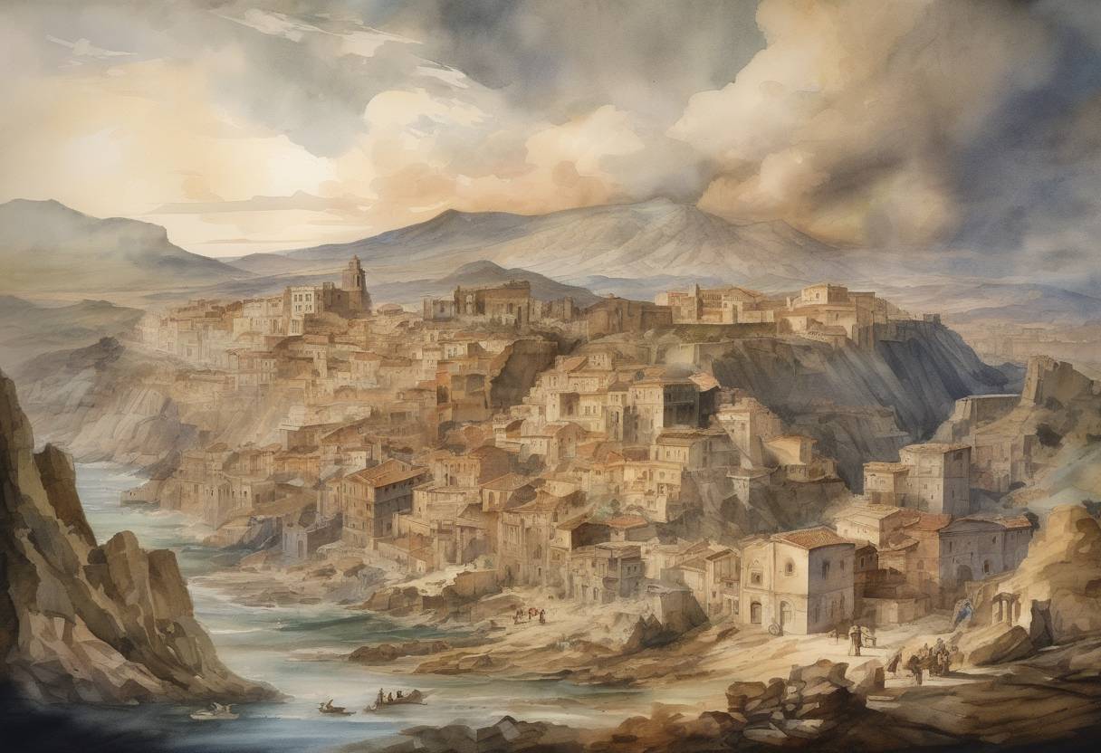 Watercolor painting based depiction of A powerful earthquake struck Sicily, causing widespread destruction and loss of life. (1693)