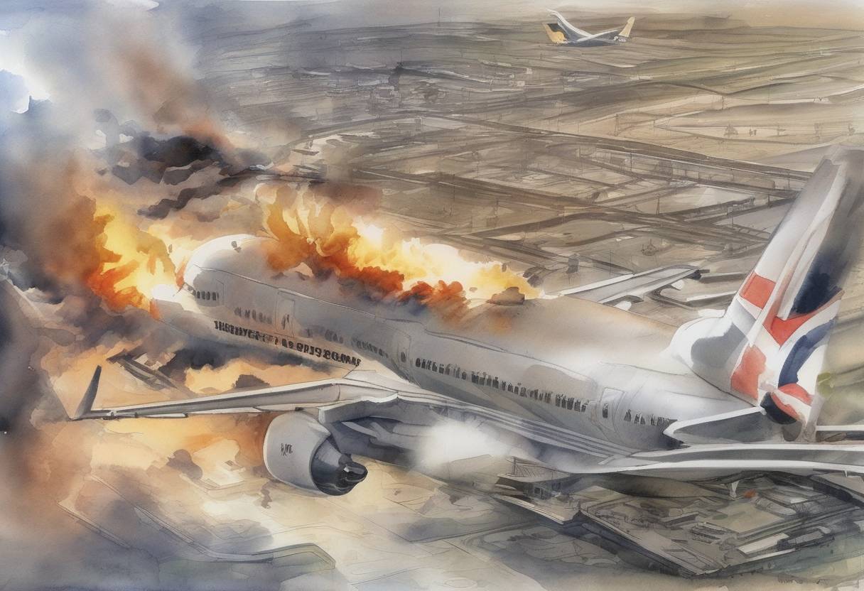 Watercolor painting based depiction of British authorities thwarted a major terrorist plot to detonate liquid explosives on transatlantic flights from the UK to the United States, leading to significant changes in airport security measures worldwide. (2006)