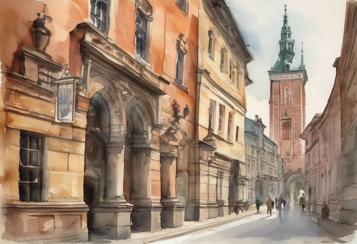 Watercolor painting based depiction of Jagiellonian University, one of the oldest universities in the world, was founded in Kraków, Poland. It became a major center of learning and culture in Central Europe. (1364)