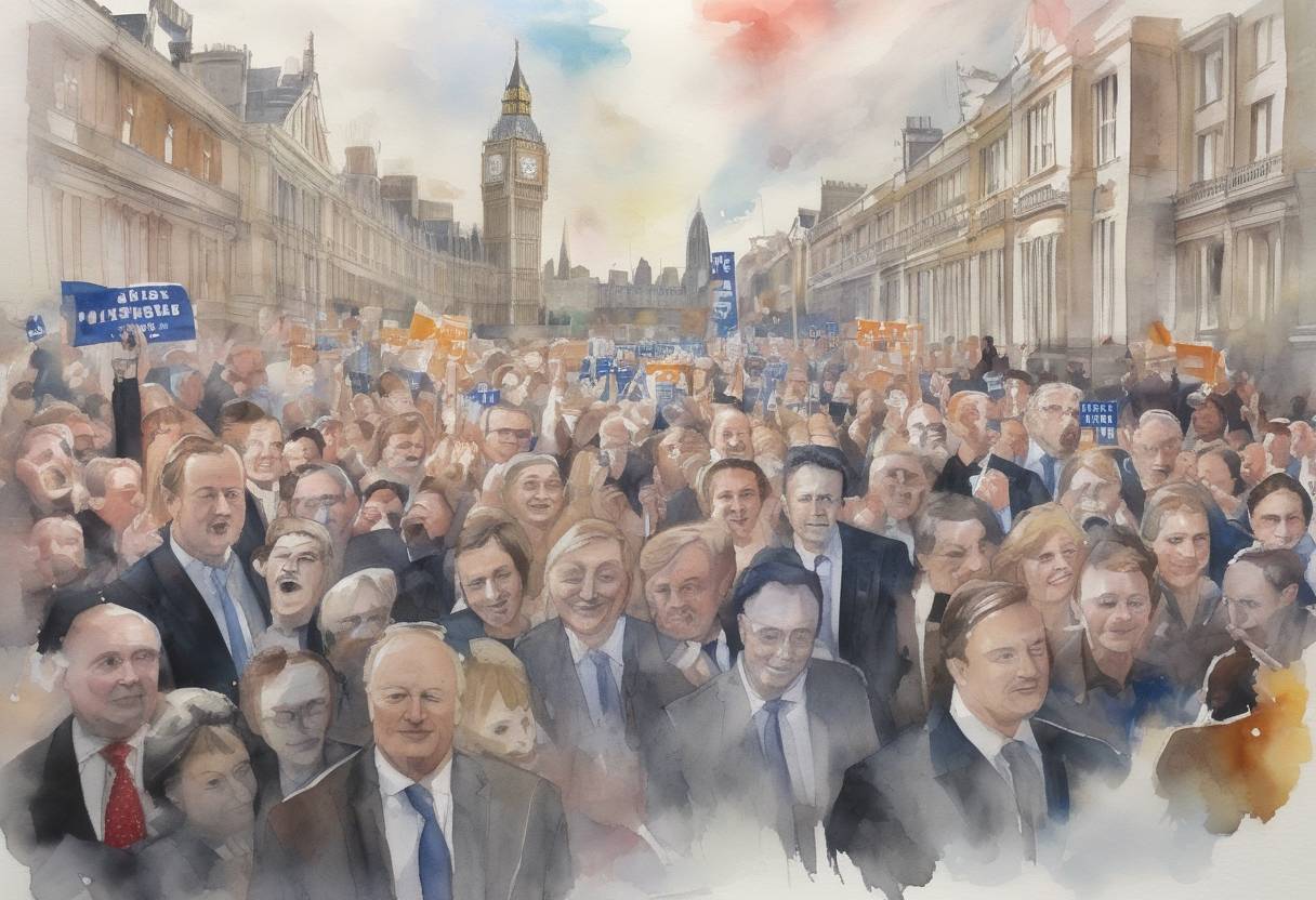 Watercolor painting based depiction of The United Kingdom held a general election, resulting in a surprise majority win for the Conservative Party led by David Cameron. (2015)