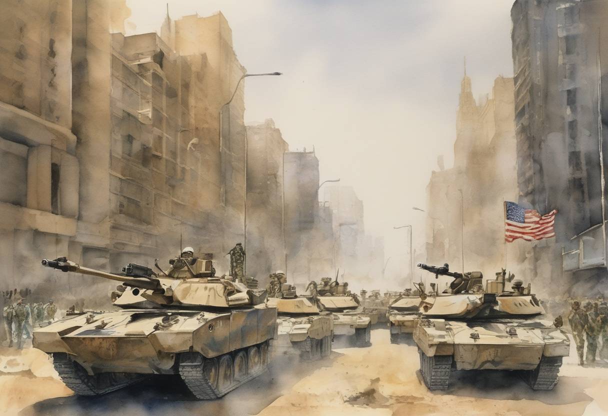 Watercolor painting based depiction of The United Nations deadline for the withdrawal of Iraqi forces from occupied Kuwait expired, preparing the way for the start of Operation Desert Storm. (1991)