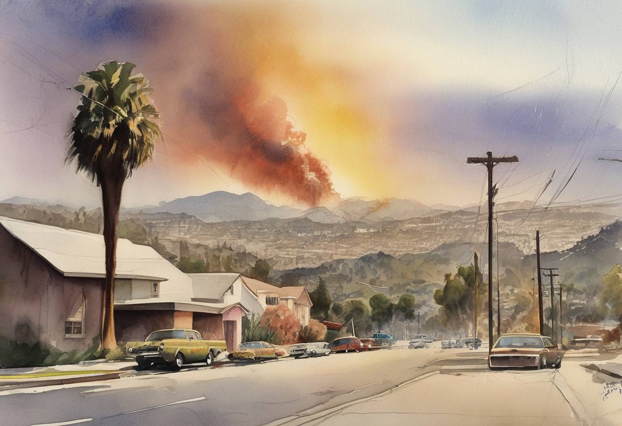 Watercolor painting based depiction of The 6.6 Mw Sylmar earthquake struck the San Fernando Valley in California, causing significant damage and loss of life. (1971)