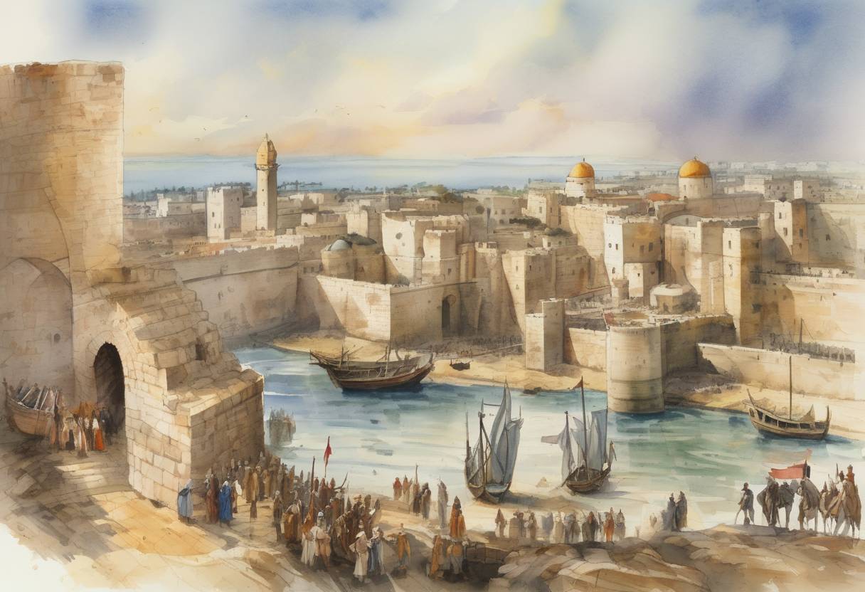 Watercolor painting based depiction of The city of Acre fell to the Crusaders during the Third Crusade after a prolonged siege. This victory was a significant turning point in the Crusade, allowing the Crusaders to establish a foothold in the Holy Land. (1191)