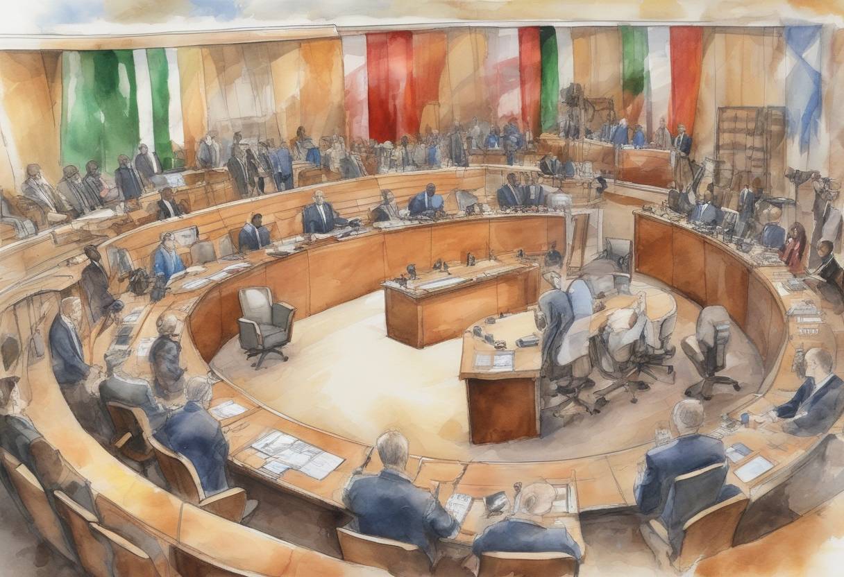 Watercolor painting based depiction of The United Nations General Assembly elects Jordan, Lithuania, and Nigeria as non-permanent members of the Security Council. (2014)