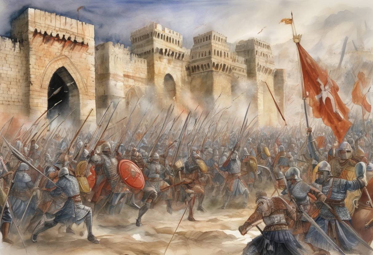 Watercolor painting based depiction of The Siege of Constantinople by the Avars and Persians begins, marking a significant event in the Byzantine-Sassanian War. (626)