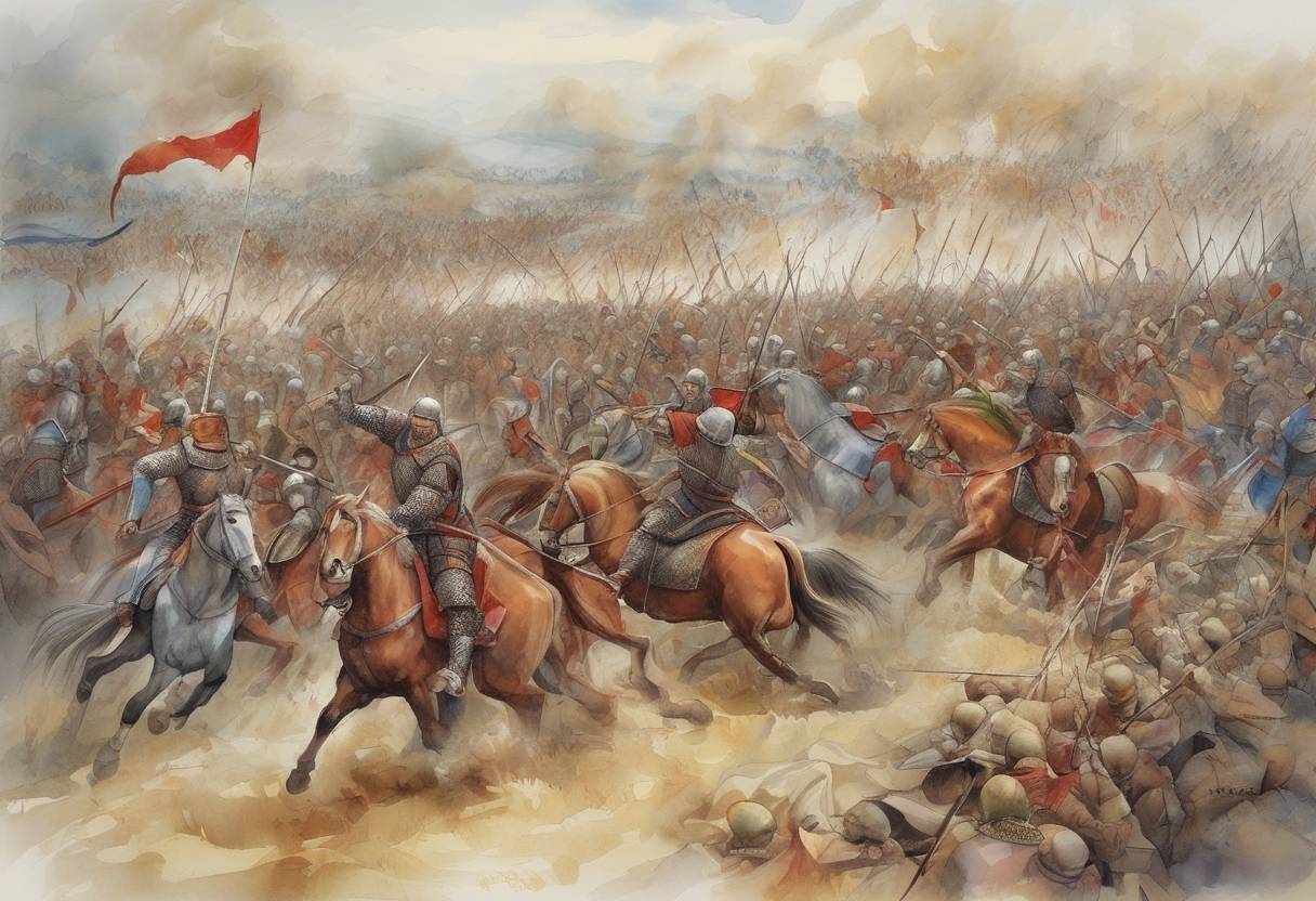 Watercolor painting based depiction of The Battle of Mohi took place, where the Mongol Empire, led by Batu Khan and Subutai, defeated the Kingdom of Hungary. This battle was part of the Mongol invasion of Europe. (1241)