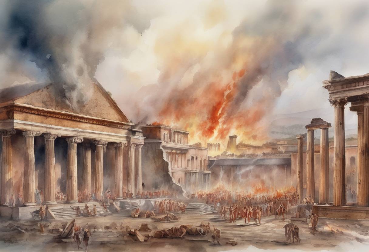 Watercolor painting based depiction of A powerful earthquake struck the city of Pompeii, causing significant damage and foreshadowing the eventual eruption of Mount Vesuvius in 79 AD. (62)
