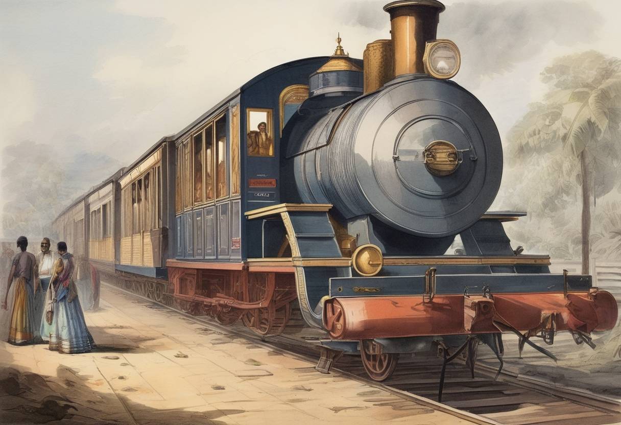 Watercolor painting based depiction of The first passenger rail opened in India, running from Bori Bunder in Bombay to Thane, marking the beginning of the Indian railway system. (1853)