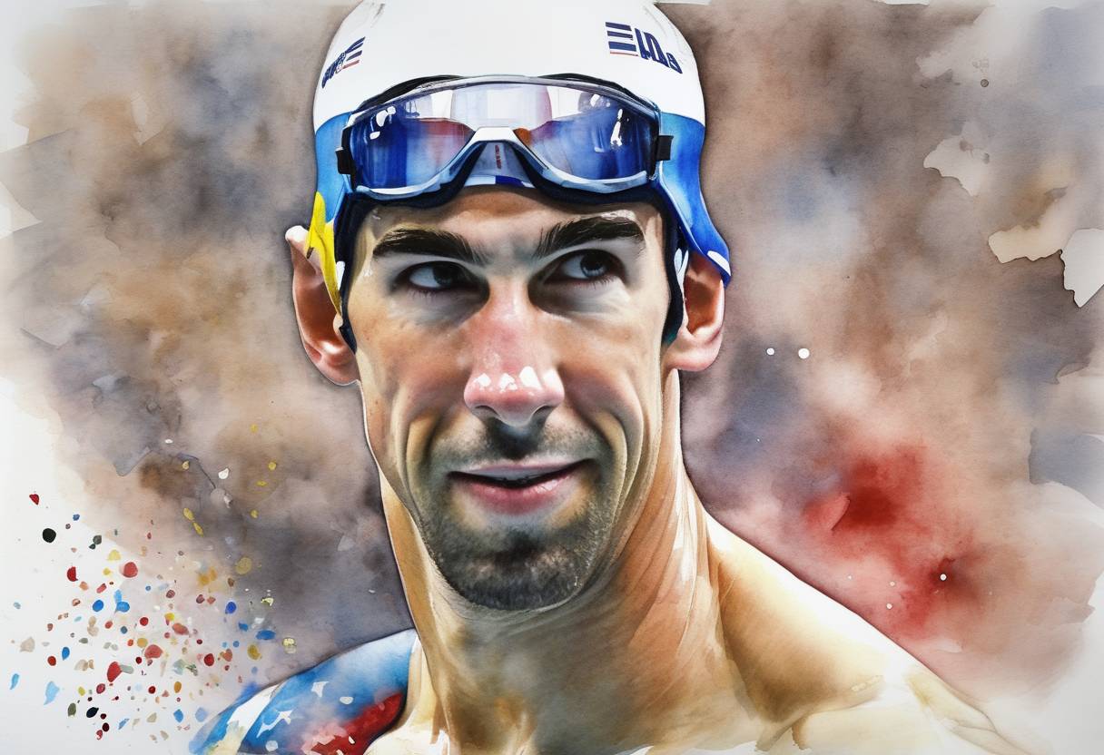 Watercolor painting based depiction of Michael Phelps becomes the most decorated Olympian of all time, winning his 19th Olympic medal at the London 2012 Games. (2012)