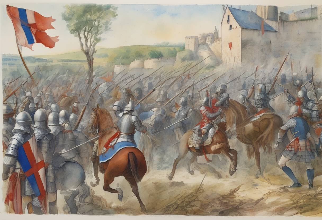 Watercolor painting based depiction of The French, led by Joan of Arc, achieved a decisive victory at the Battle of Castillon, effectively ending the Hundred Years' War. (1453)