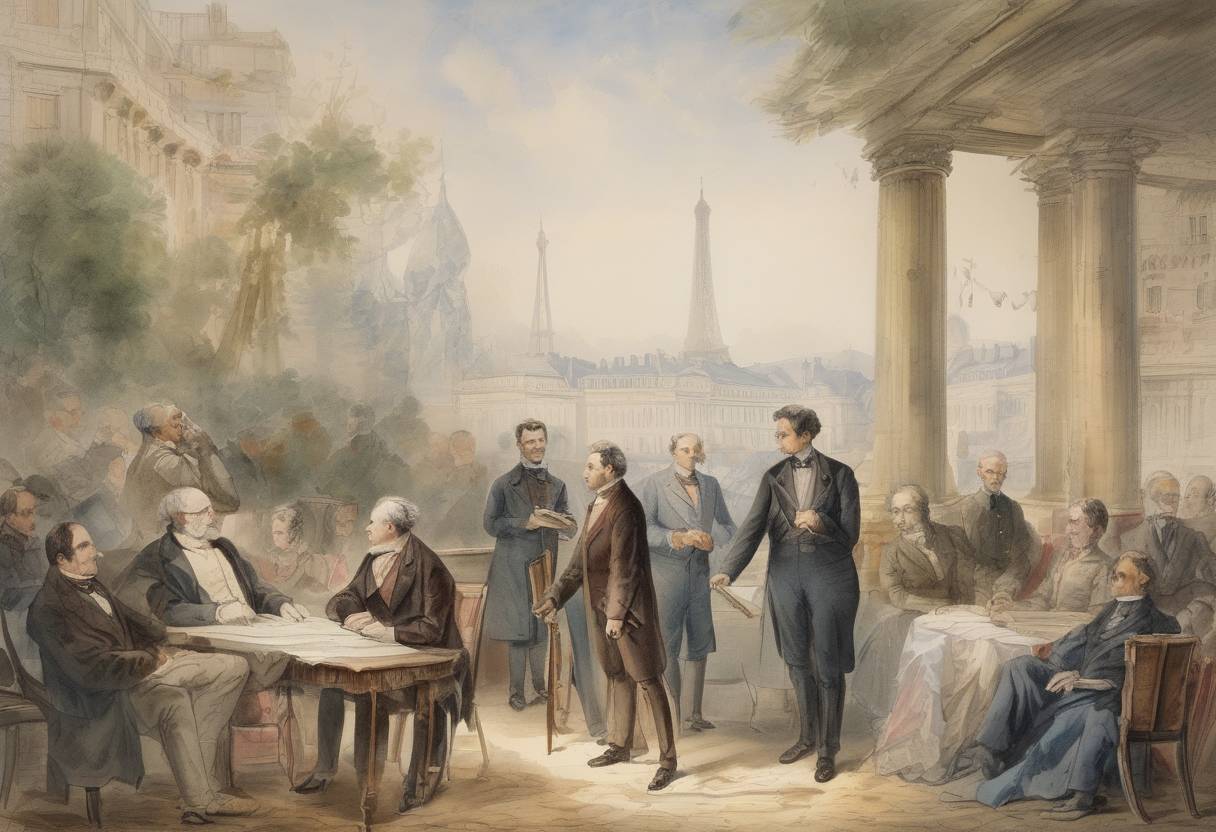 Watercolor painting based depiction of The Treaty of Paris was signed, ending the Crimean War between Russia and an alliance of the Ottoman Empire, France, Britain, and Sardinia. (1856)