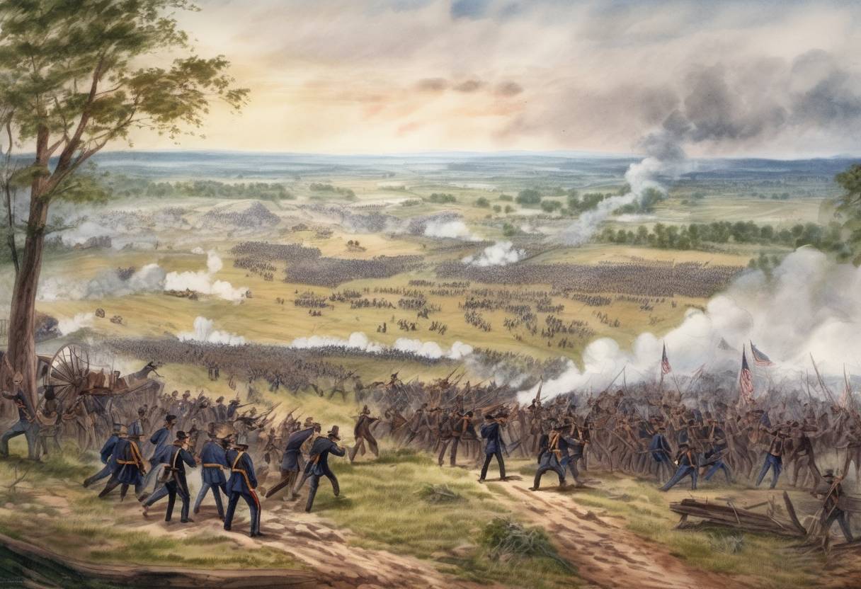 Watercolor painting based depiction of The Battle of Gettysburg begins during the American Civil War, marking a turning point in the conflict. (1863)