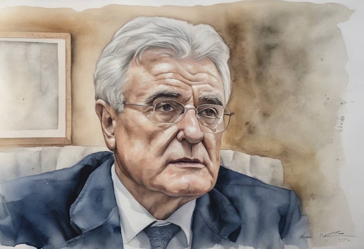Watercolor painting based depiction of Bosnian Serb leader Radovan Karadžić was found guilty of genocide, war crimes, and crimes against humanity by the International Criminal Tribunal for the former Yugoslavia (ICTY) and sentenced to 40 years in prison. (2016)