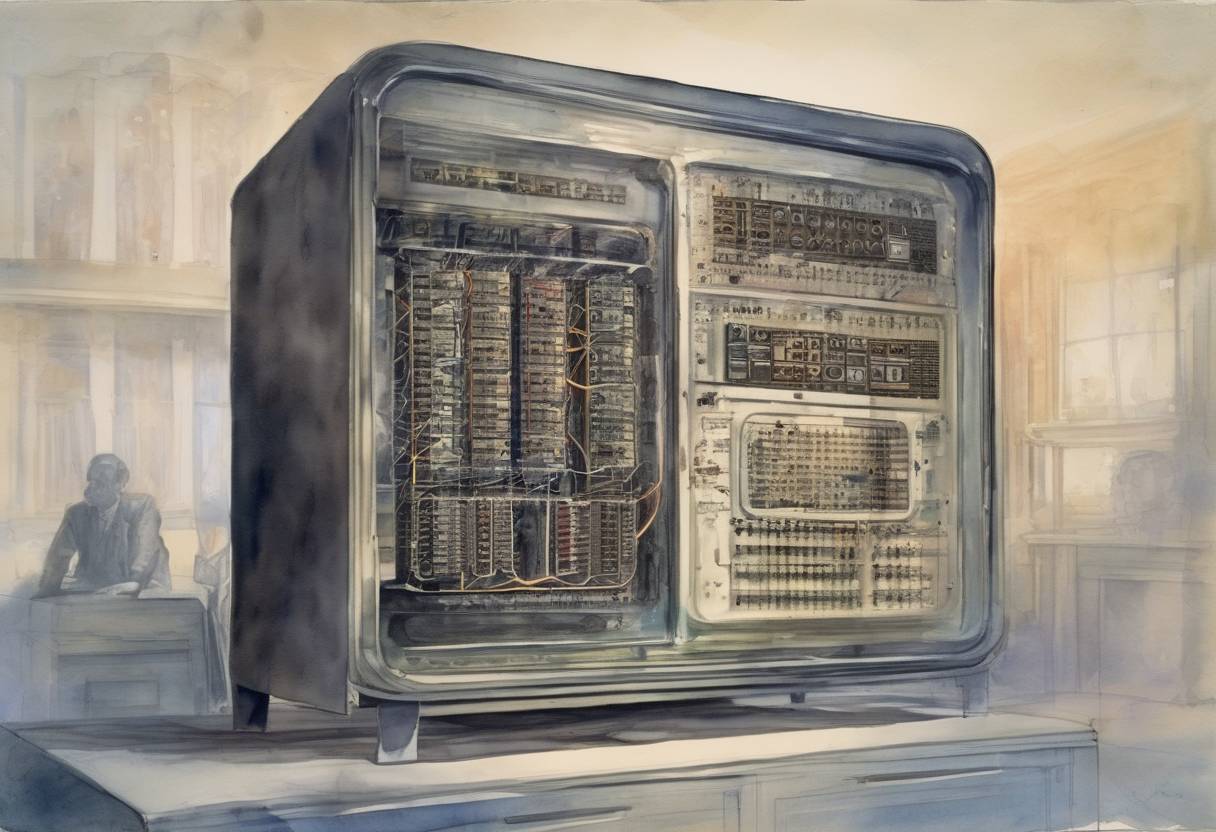 Watercolor painting based depiction of UNIVAC I, the world's first commercial computer, is unveiled in Philadelphia. (1951)