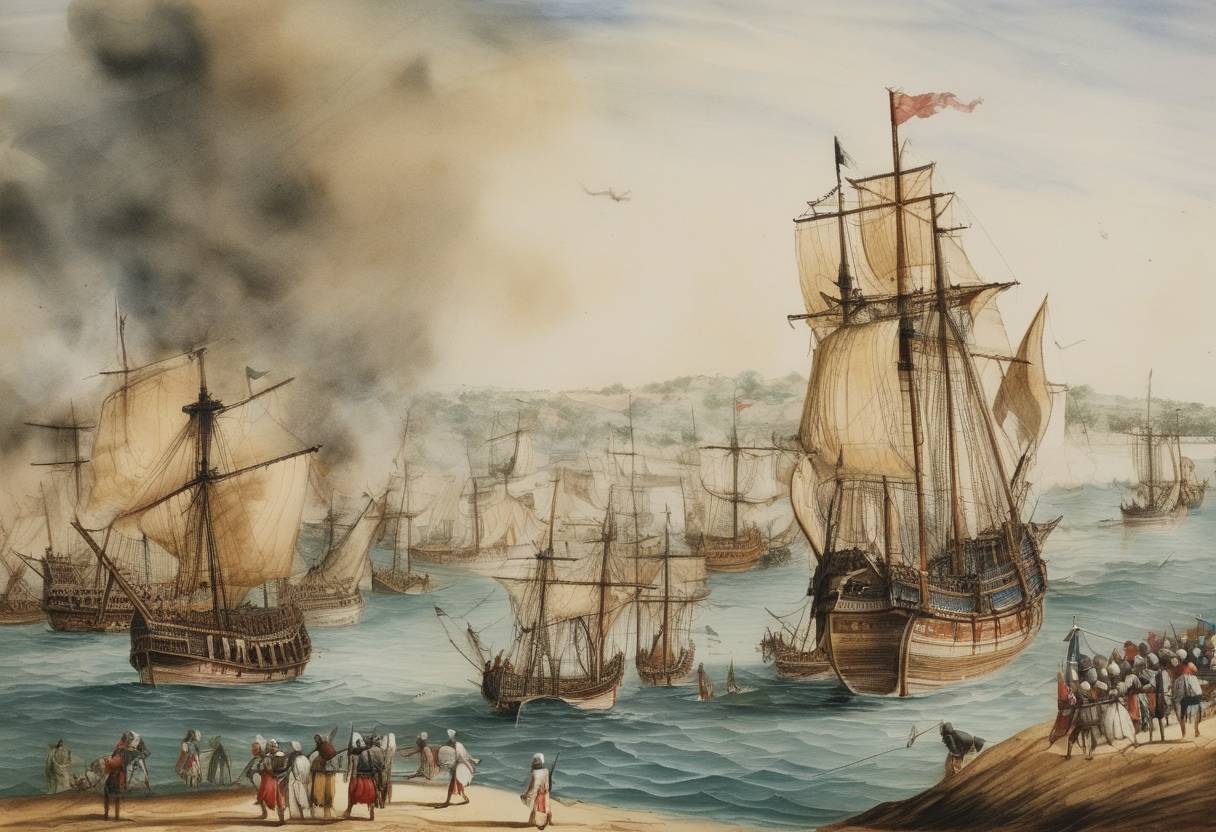 Watercolor painting based depiction of The Battle of Zarumilla, a naval engagement between the naval forces of the Kingdom of Portugal and the Emirate of Kilwa, occurs near the East African coast, leading to Portuguese dominance in the region. (1509)