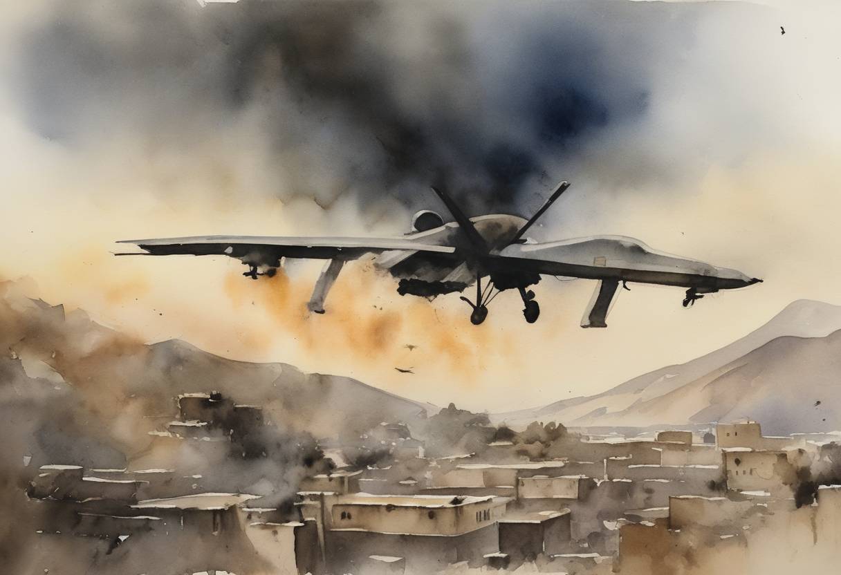 Watercolor painting based depiction of The United States launches a drone strike in Kabul, Afghanistan, targeting a suspected ISIS-K accomplice following the deadly bombing at Hamid Karzai International Airport two days earlier. (2021)