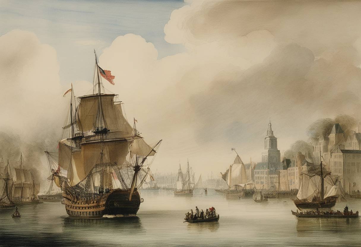 Watercolor painting based depiction of William Penn receives the area that is now the state of Delaware from the Duke of York. (1682)