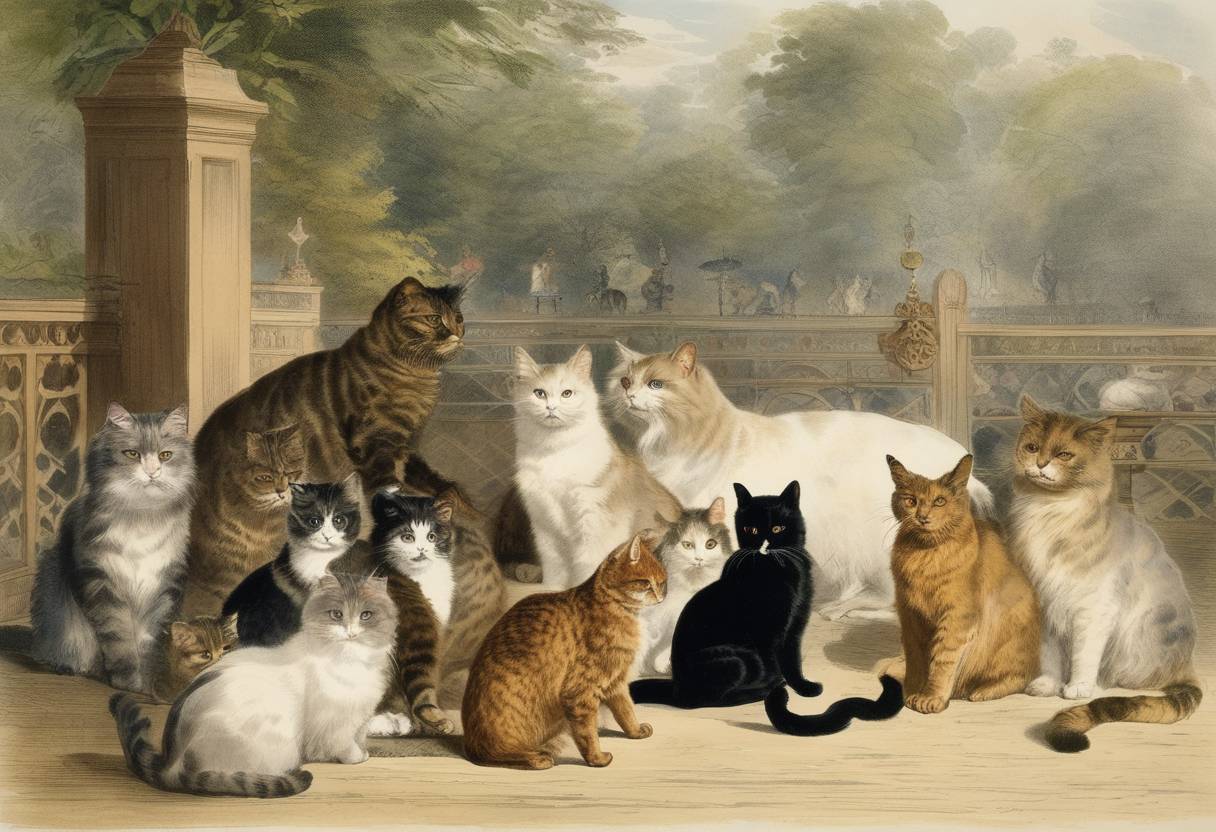 Watercolor painting based depiction of The world's first Cat Show is organized by Harrison Weir and takes place at the Crystal Palace in London, highlighting the growing interest in domestic cats as companion animals and marking an important step in the formal recognition of various cat breeds. (1871)